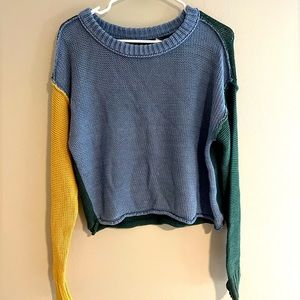 American Eagle XS Knitted Blue Sweater with Multicolored Sleeves